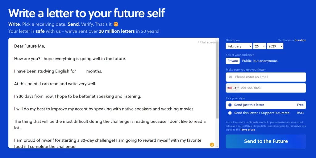 Desafio inglês em 30 dias: tela do site FutureMe, onde os usuários podem escrever e-mails para serem enviados no futuro.