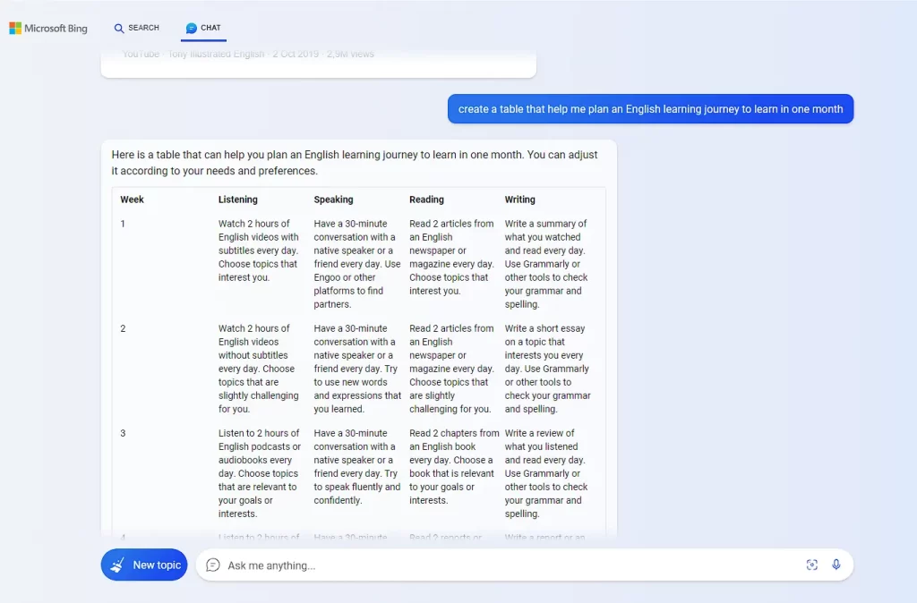 Bing AI: monte planos de estudos de inglês com ajuda de inteligência artificial