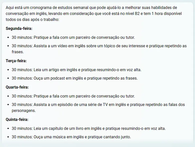 Cronograma de estudos semanal de inglês gerado por inteligência artificial